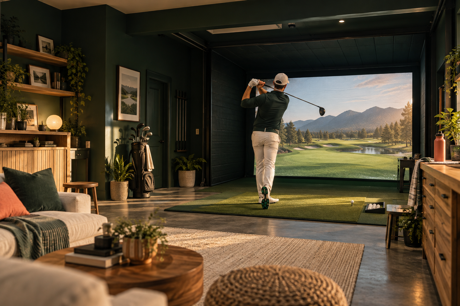 A golfer practicing in a warm, modern home simulator room